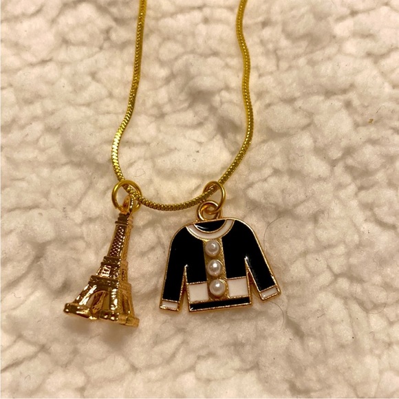 NWT STAMPED 18K GOLD Chanel Vibes Blouse & Paris Eiffel Tower Charms Necklace - Picture 5 of 5
